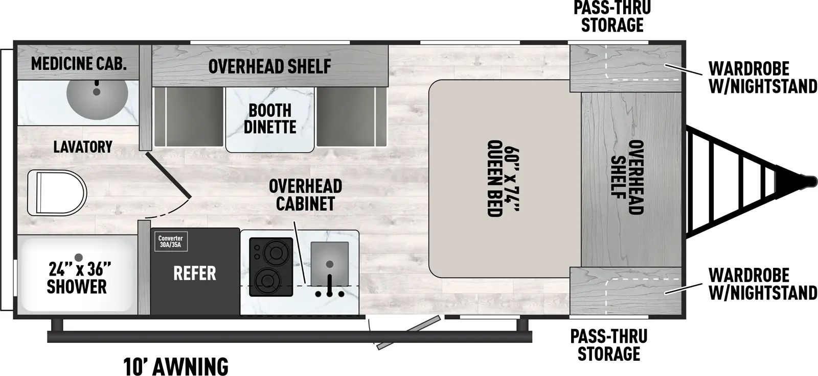 The Viking Travel Trailers 17SFQ has one entry and zero slide outs. Exterior features include: metal exterior and 10' awning. Interiors features include: front bedroom and rear bathroom.